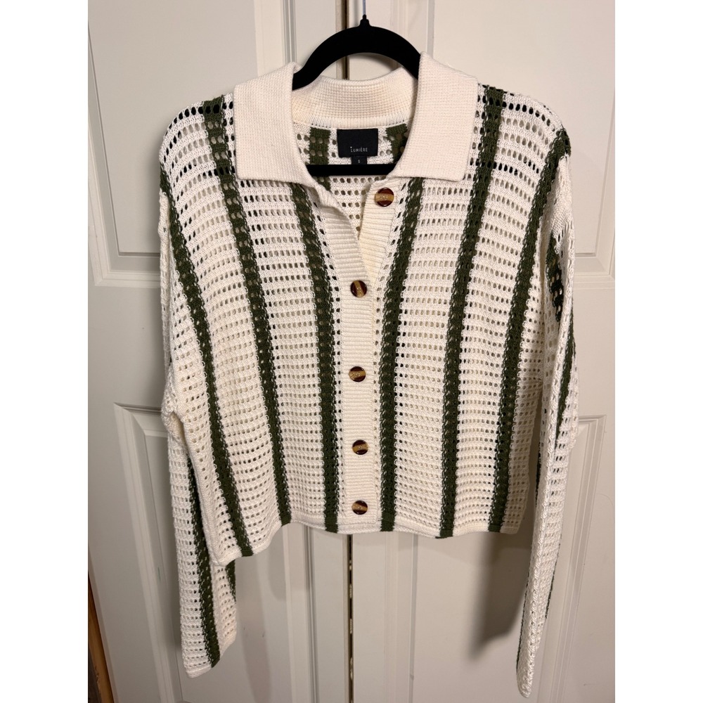 Lumiere Womens Small Open Knit Cardigan Sweater Striped Pointelle Button Front